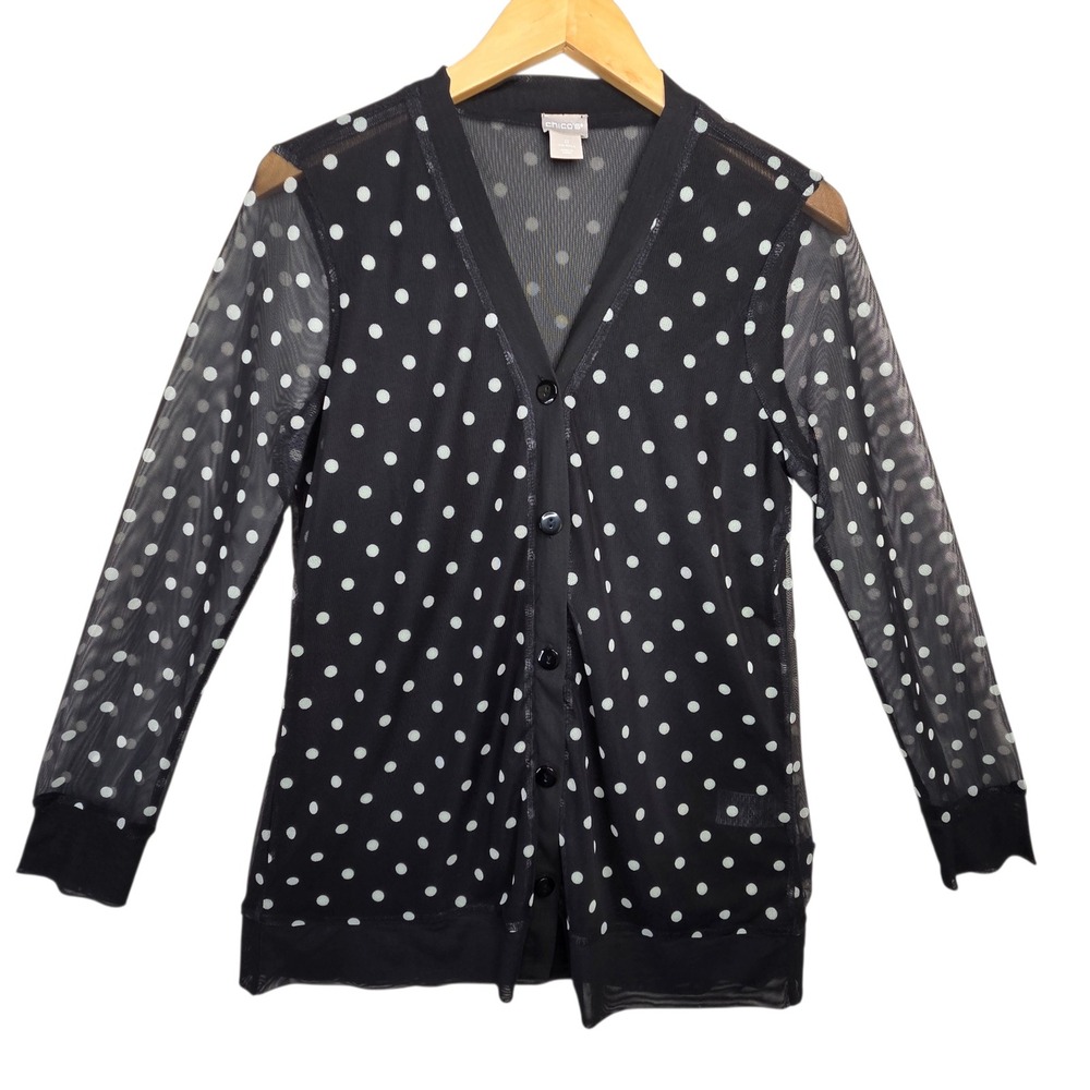 Chicos Womens Black White Mesh Polka Dot Cardigan Size 0 Sheer Button Front Top